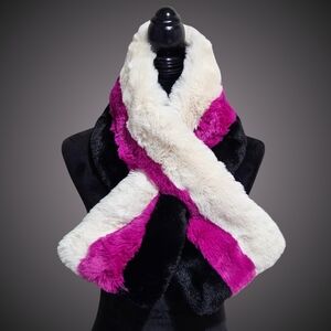 Jocelyn Scarf Black Wool Blend Striped Faux Fur Pull Through Barbiecore Cottage